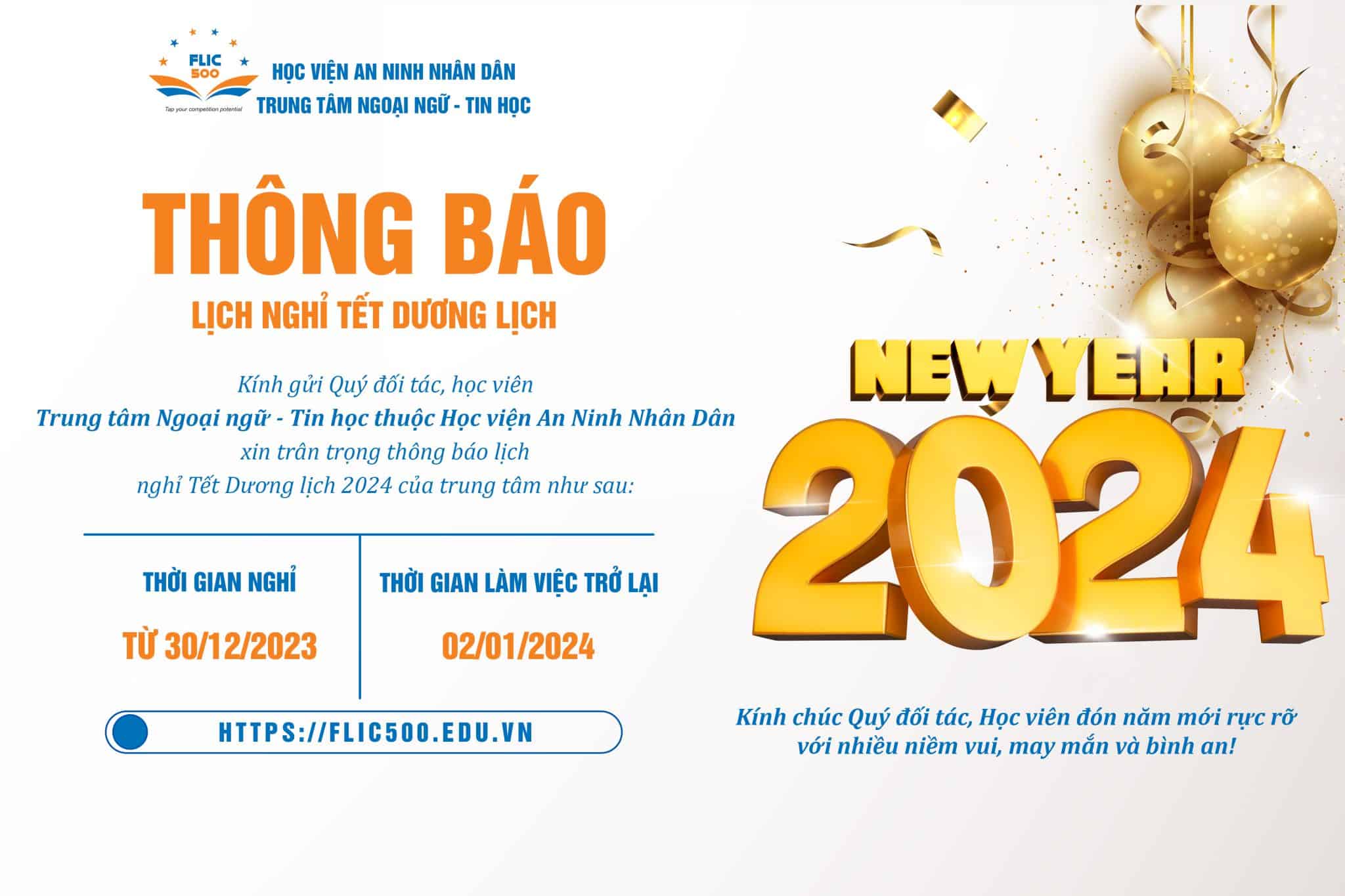 ThÔng BÁo LỊch NghỈ TẾt DƯƠng LỊch 2024 Trung Tâm Ngoại Ngữ Tin Học Thuộc Học Viện An Ninh